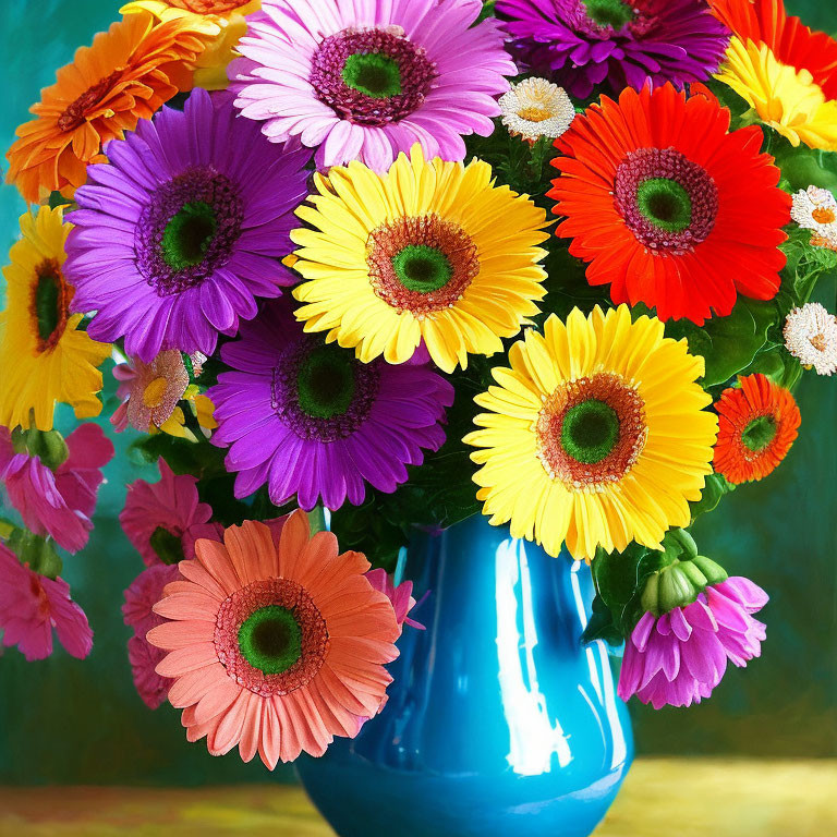 Colorful Gerbera Daisies in Bright Blue Vase on Warm Background