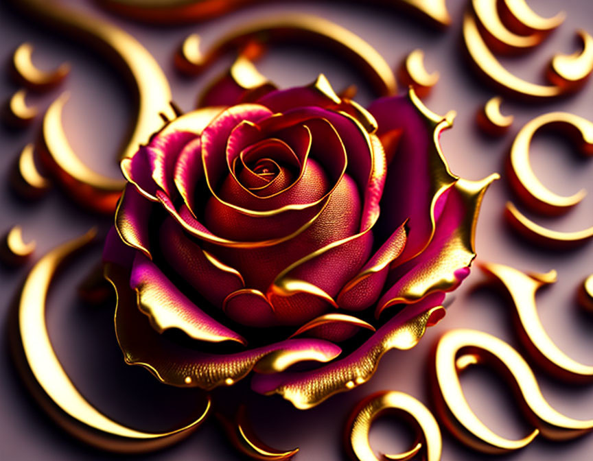 Stylized rose in red and gold hues on purple background