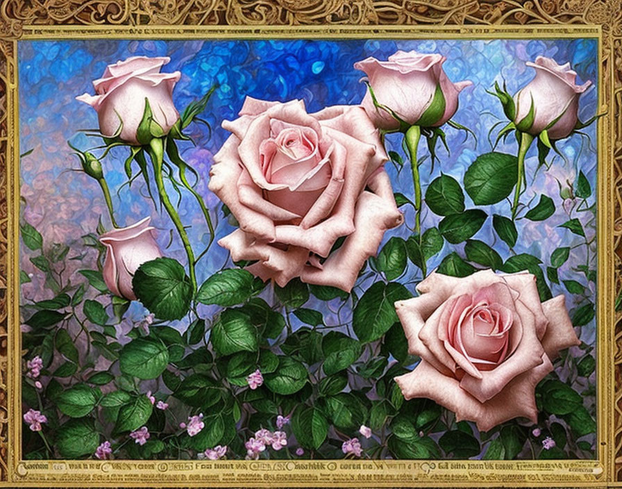 Realistic pink roses painting in ornate frame on blue textured background