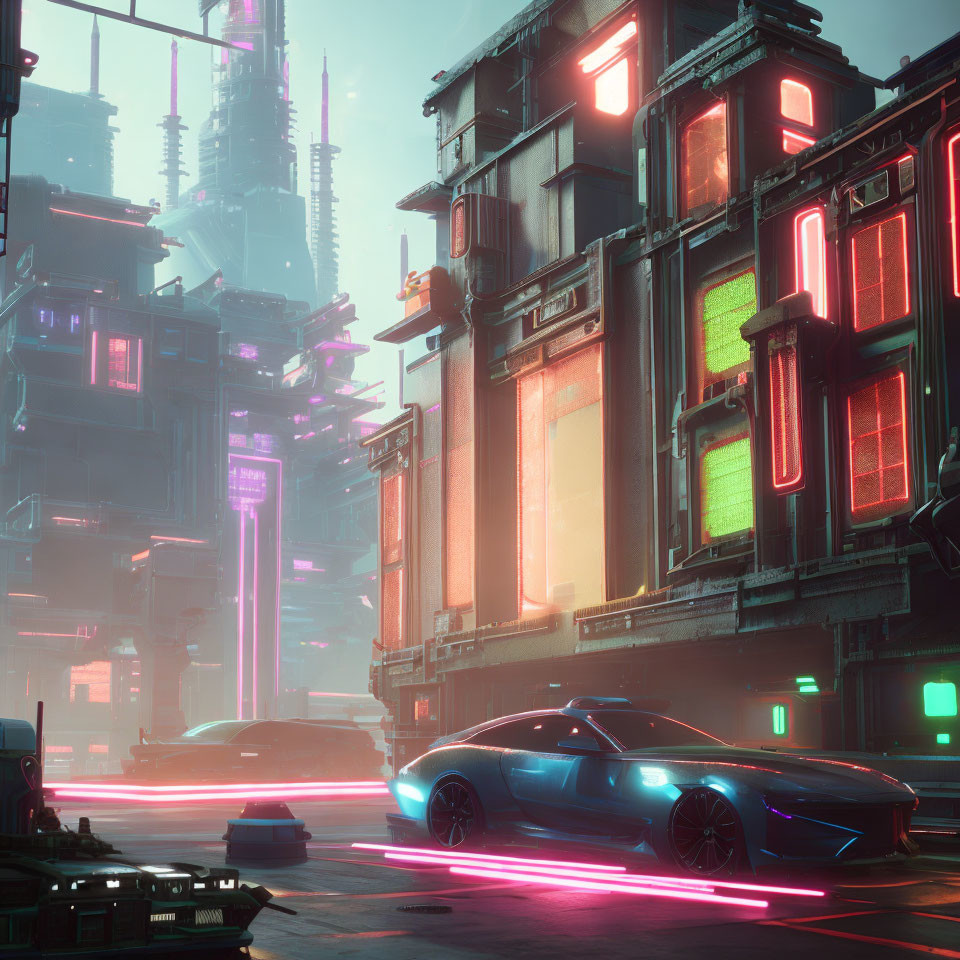 Futuristic Twilight Cityscape with Neon Lights & Flying Cars