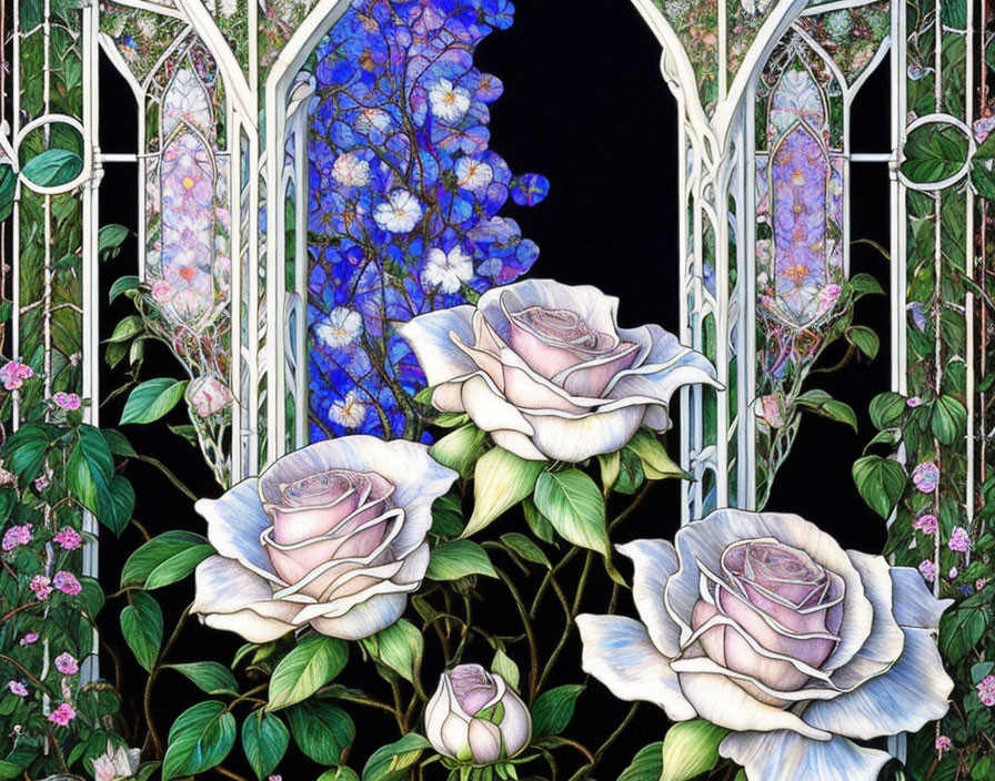 Detailed Artwork: Oversized Pink Roses Among Blue Flowers and Gothic Gates