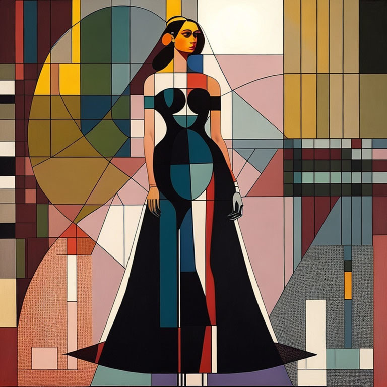 Geometric woman in gown with colorful abstract background