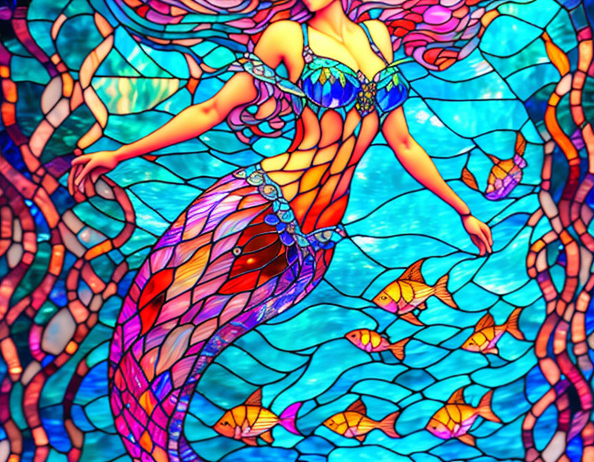 Colorful Mermaid Stained Glass Illustration in Blue Waters