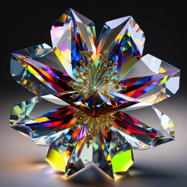 Vibrant multi-faceted crystal structure with golden core on blurred background