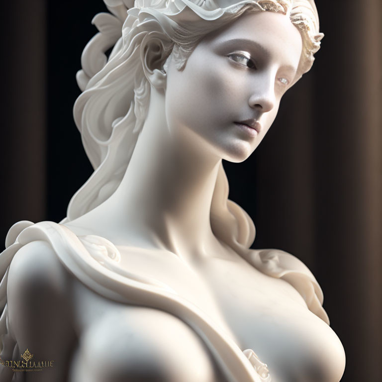 Marble statue of woman with intricate hair and serene expression