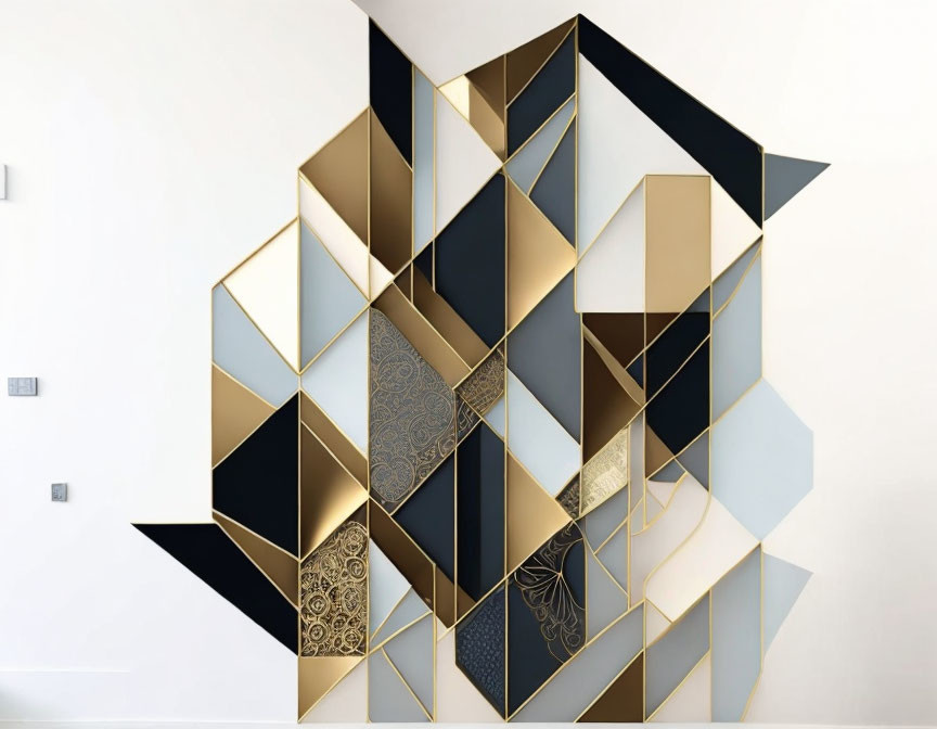 Geometric 3D illusion wall art in gold and black on white background