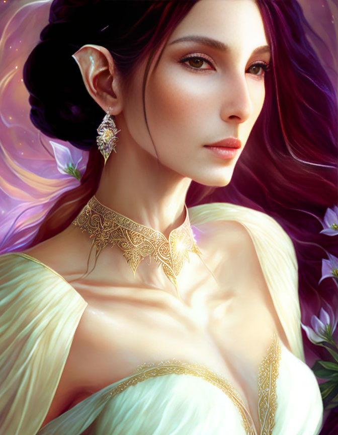 Illustration of woman with pointed ears, purple hair, gold jewelry, and floral backdrop