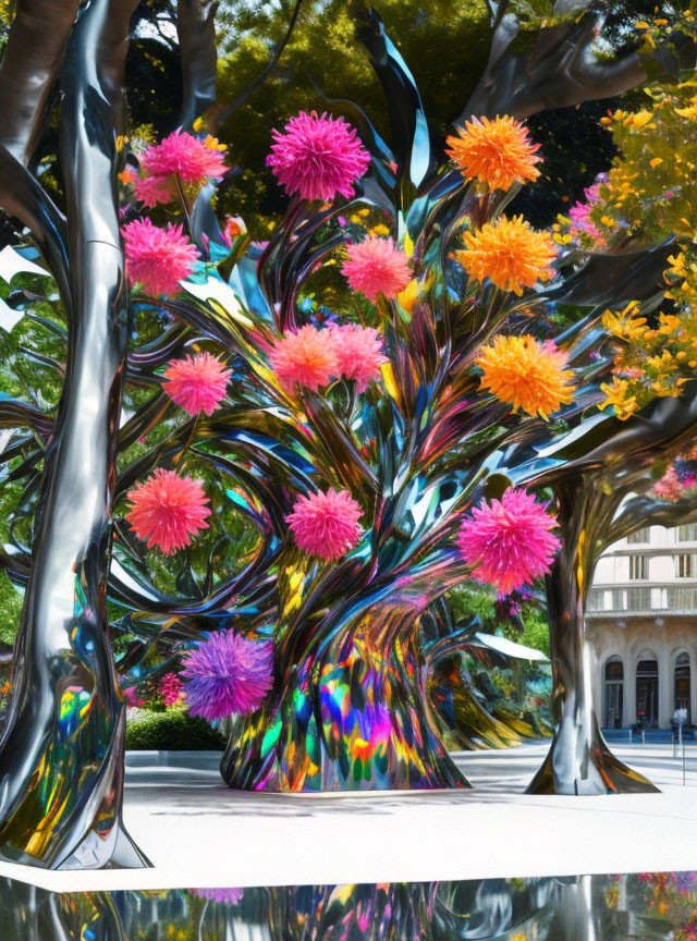 Digitally-altered image: Metallic tree with pink and orange flowers.