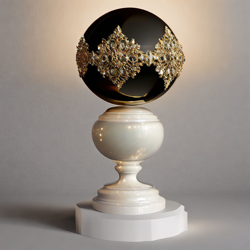 Gold Filigree Spherical Object on White Pedestal