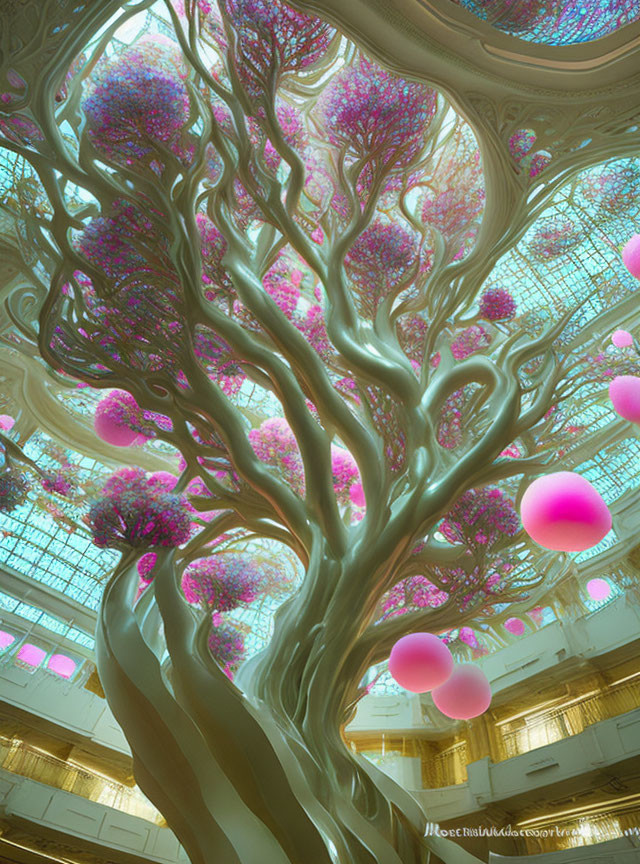 Digital artwork: Towering, twisting tree in sunlit atrium