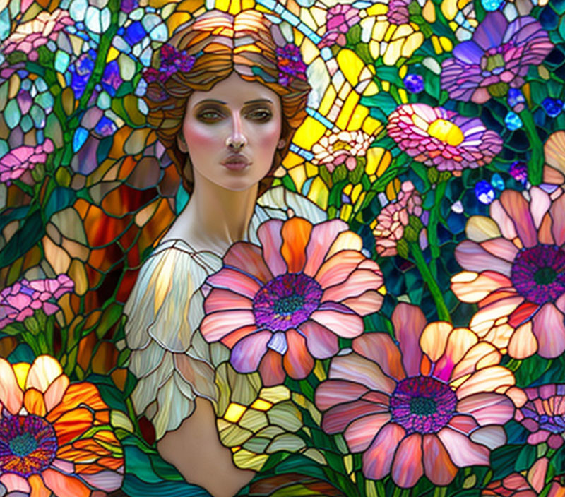 Colorful Stained Glass Flower Woman Illustration