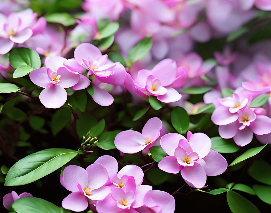 Close-up of Vibrant Pink Flowers with Yellow Centers and Green Leaves