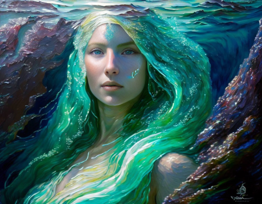 Mystical woman with green-blue hair blending into waves.