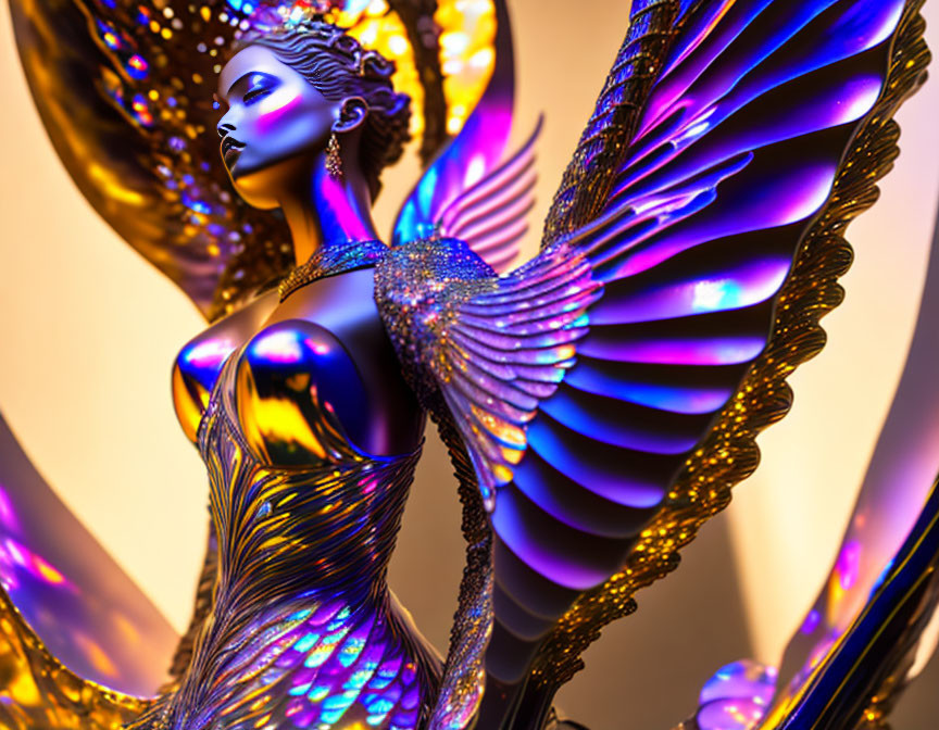 Colorful Artistic Figure with Metallic Wings and Ornate Headgear in Blue and Gold