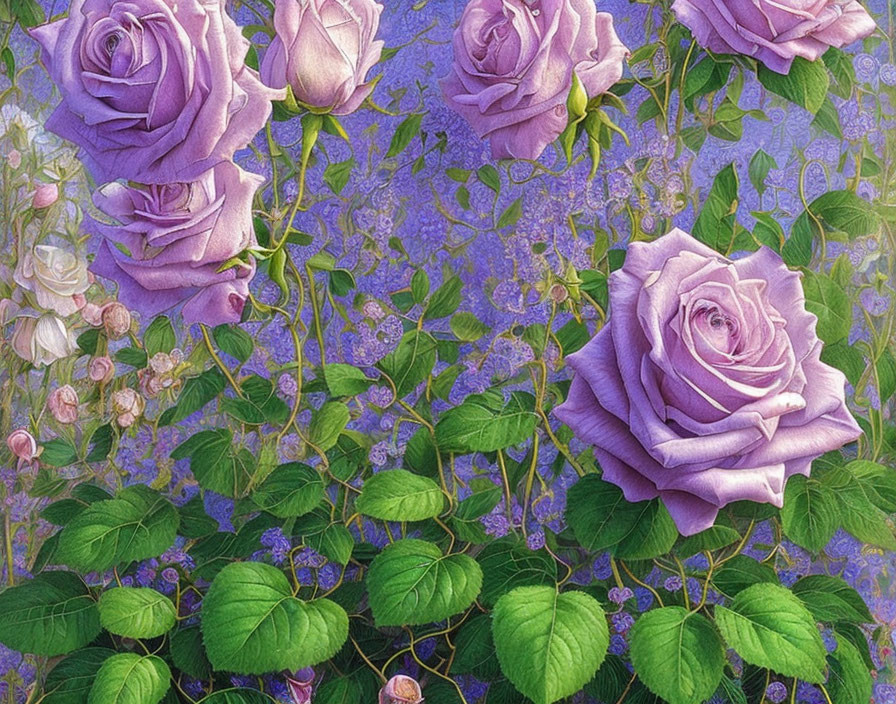 Detailed Purple Roses and Green Leaves Illustration on Blue Floral Background