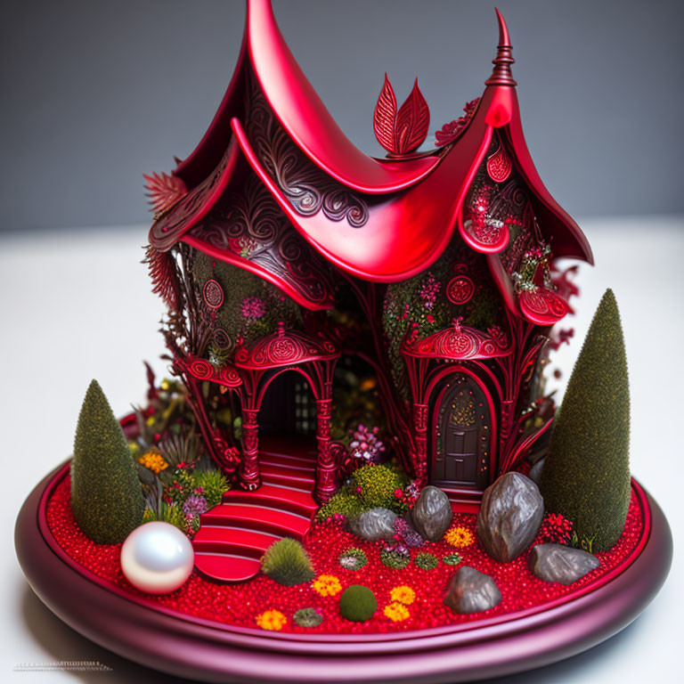 Whimsical red house with curved roofs and intricate details on maroon base