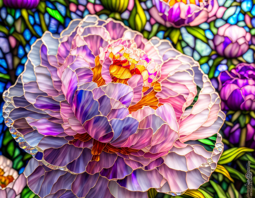 Colorful Stained Glass Artwork of Detailed Peony & Flowers