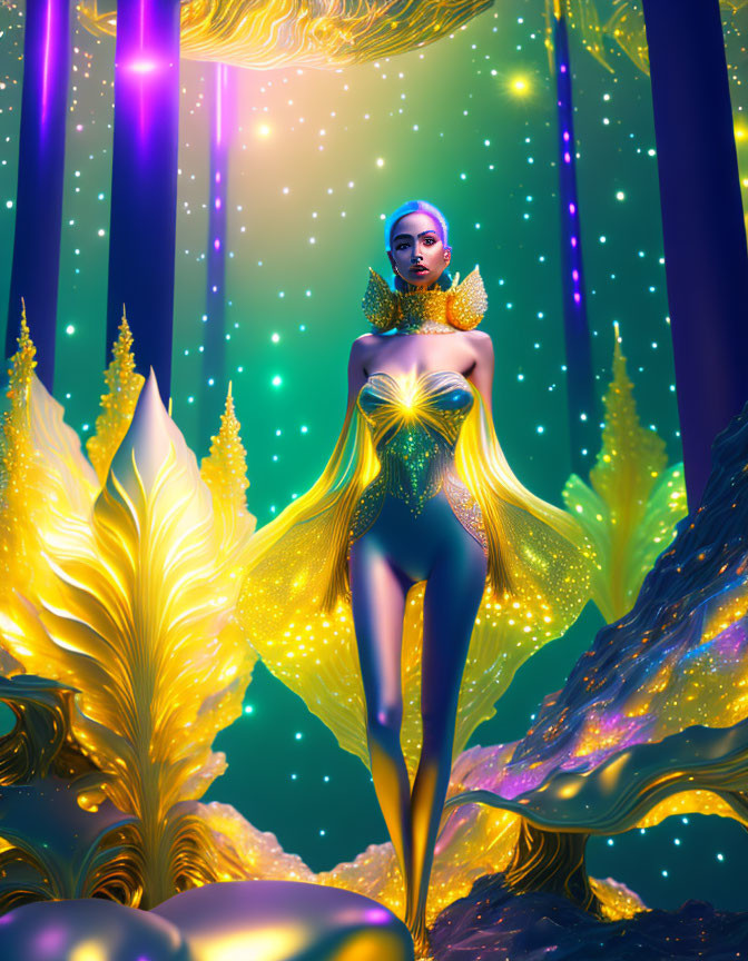 Blue-skinned woman in mystical setting with glowing plants and lights