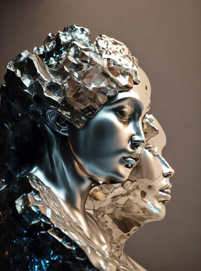 Metallic sculpture featuring two human heads with crumpled foil-like surfaces