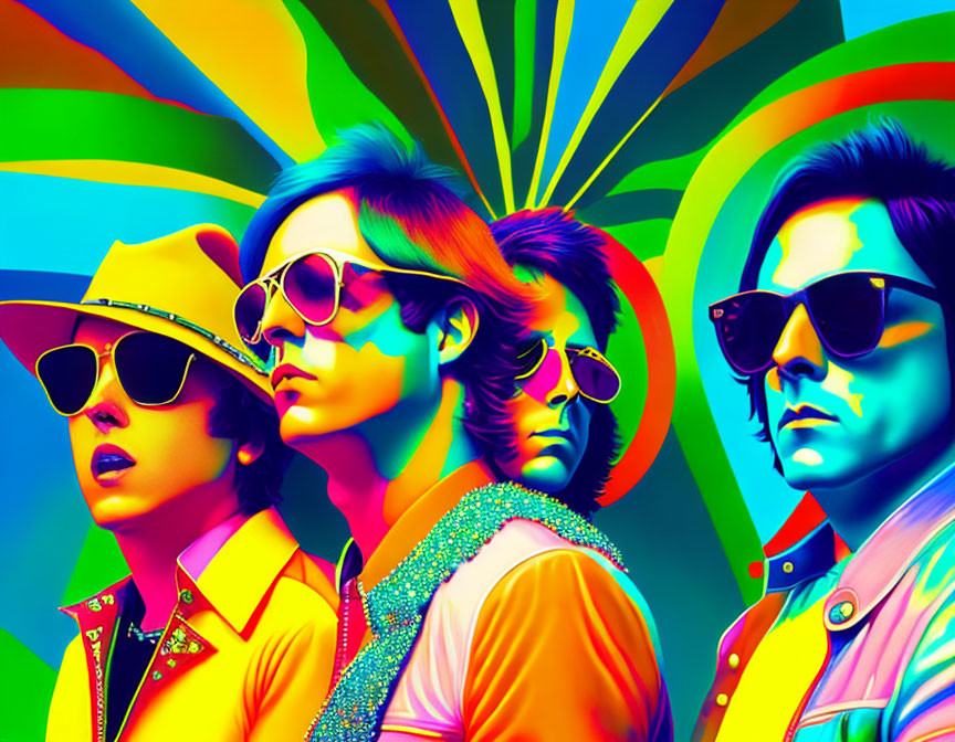 Four people in retro fashion on vibrant rainbow background.