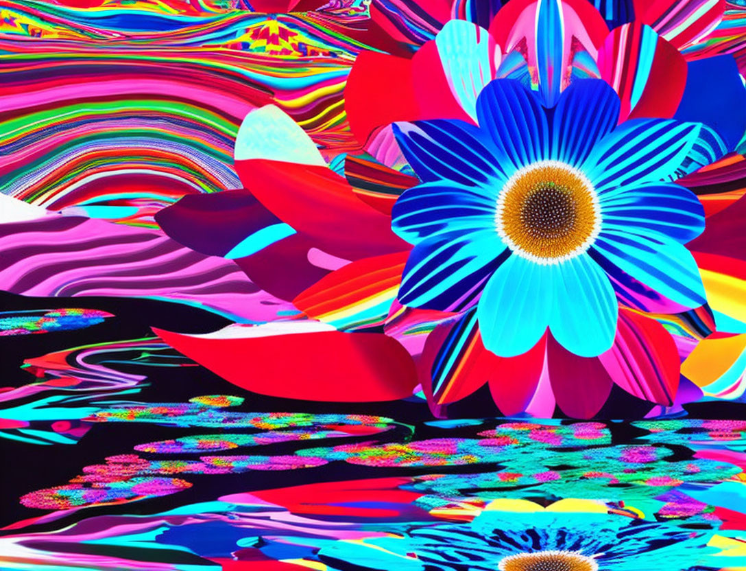 Colorful digital art: Blue flower amid psychedelic patterns & abstract shapes