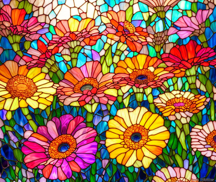 Vibrant flower mosaic in colorful stained glass