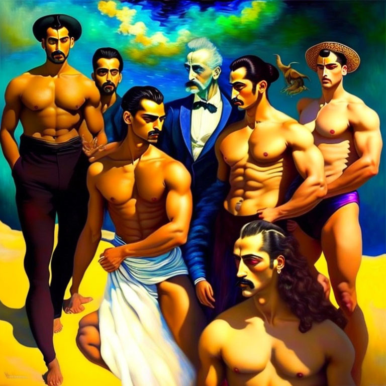 Colorful painting of seven shirtless men in traditional attire with surreal landscape