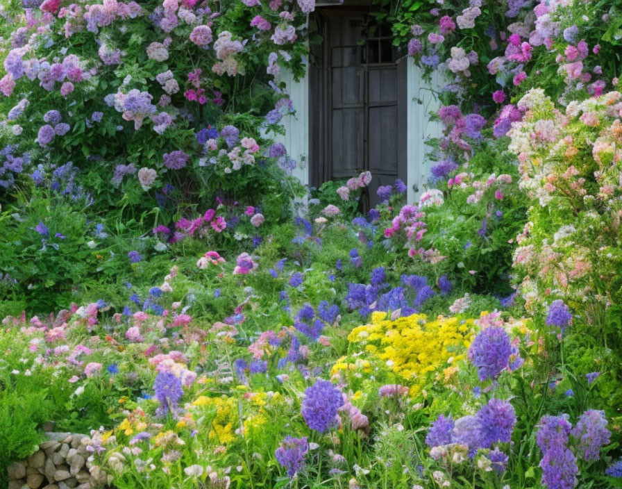 Wooden door framed by colorful garden flowers.