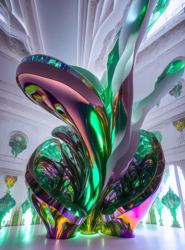 Iridescent sculpture in classical interior with high ceilings