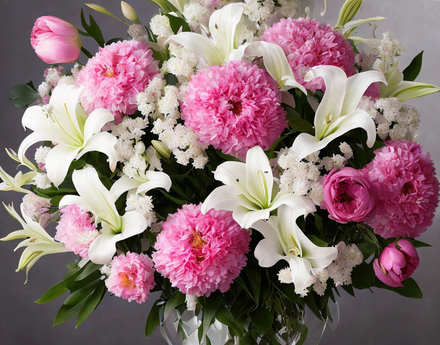 Pink Peonies and White Lilies Bouquet on Grey Background