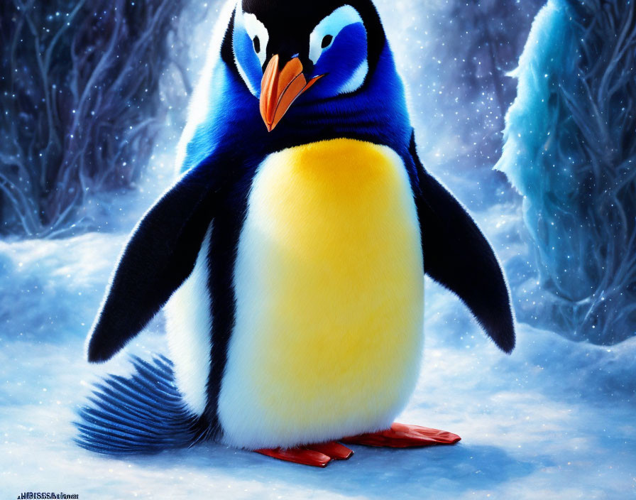 Chubby animated penguin in snowy magical landscape