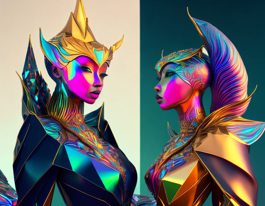 Colorful 3D figures with geometric headpieces in a face-off pose