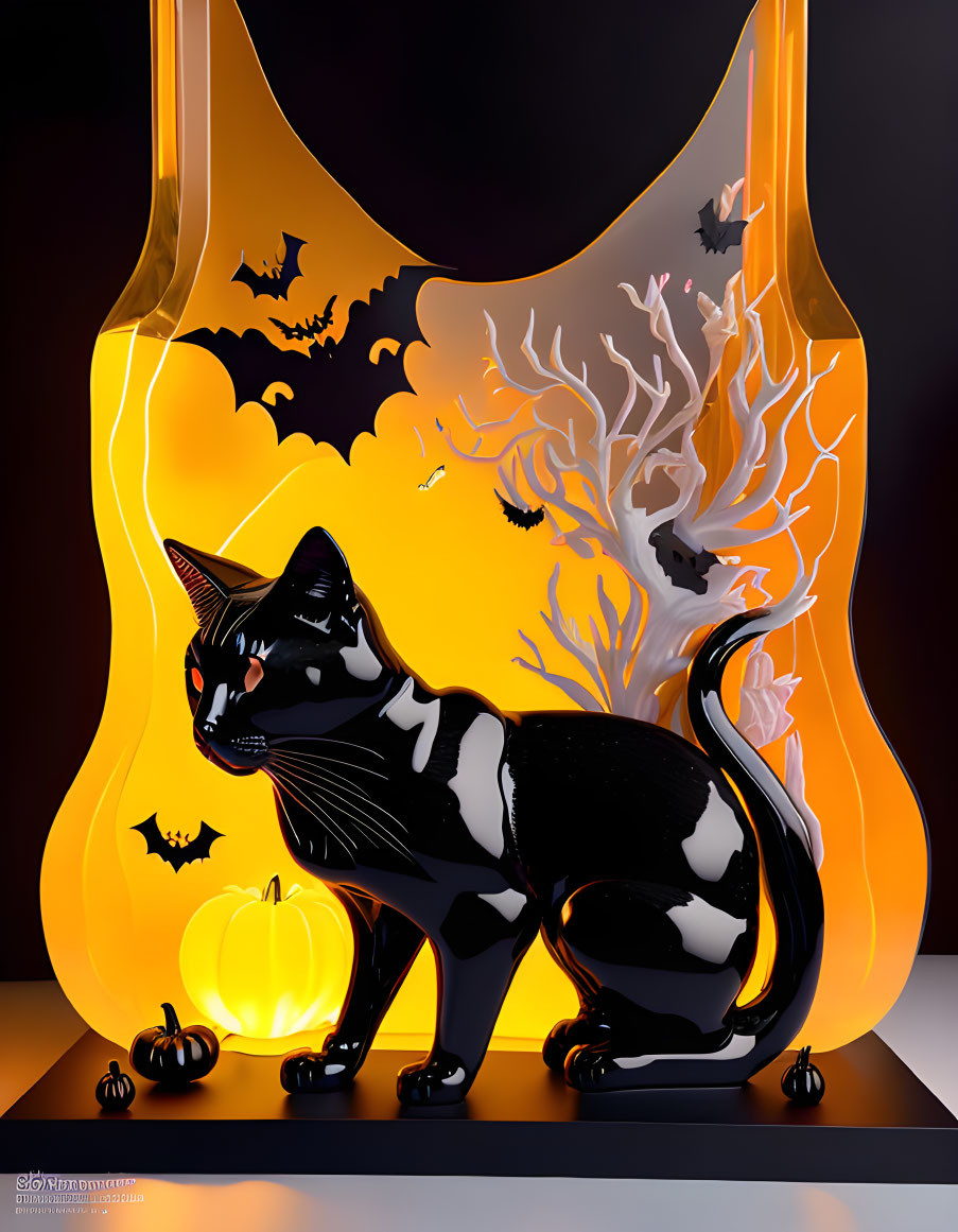 Black Cat with Yellow Eyes in Halloween Scene with Bats and Pumpkins