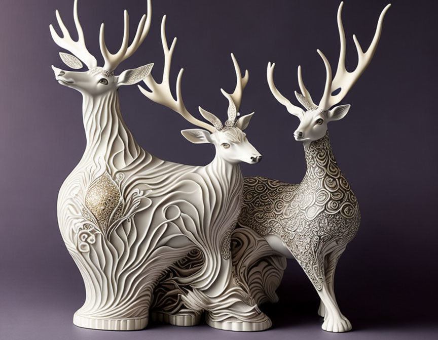 Three ornate sculpted deer with intricate patterns and swirls on purple background