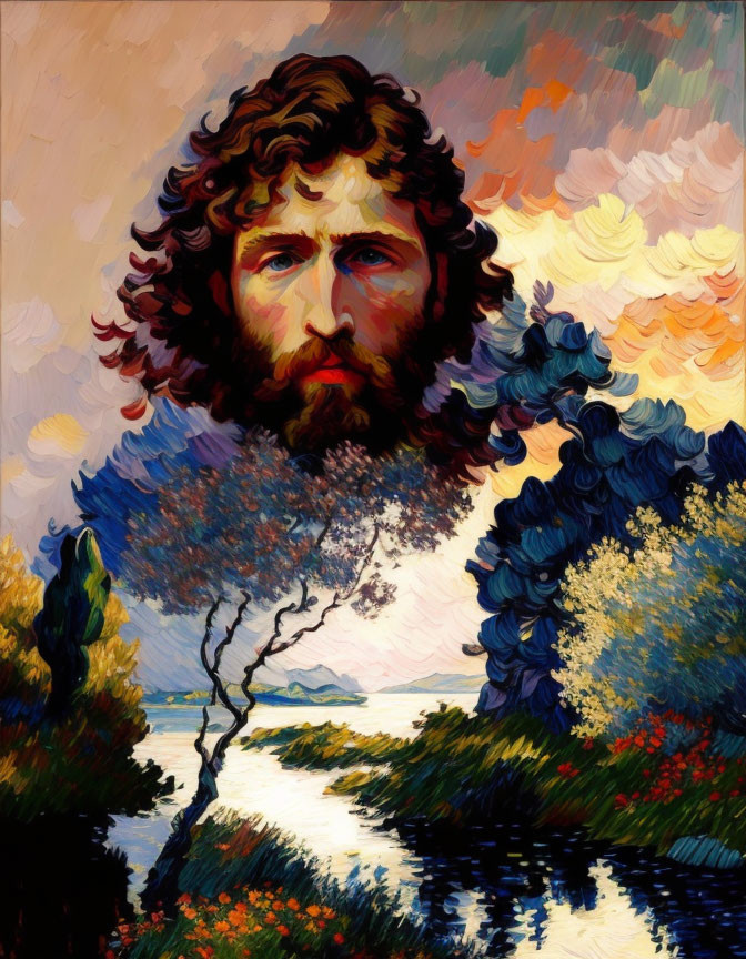 Bearded man portrait merges with vibrant landscape and river in impressionistic painting