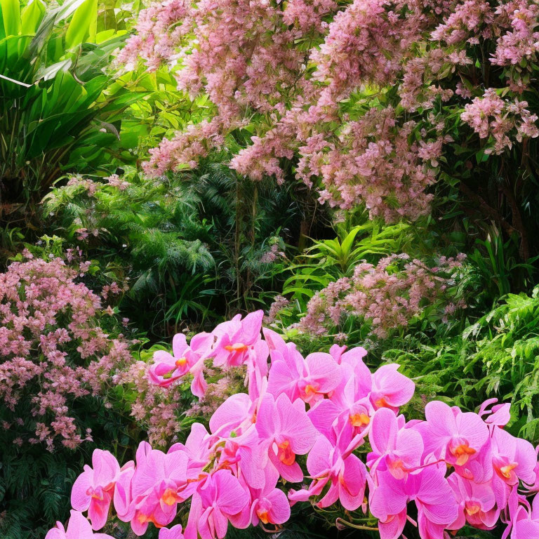 Lush green foliage and pink orchids in vibrant garden scene