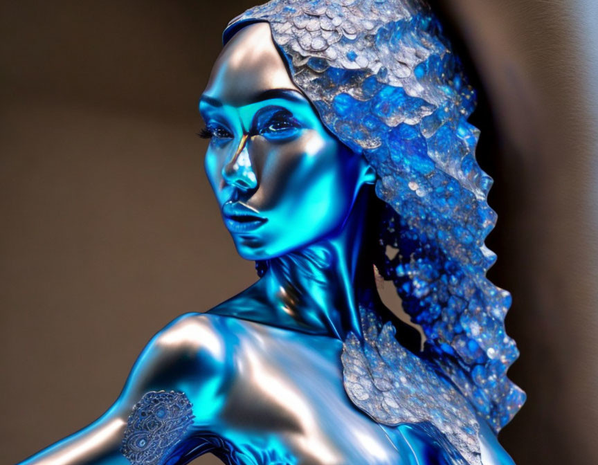 Blue-skinned person with scale-like adornments: Futuristic fantasy concept