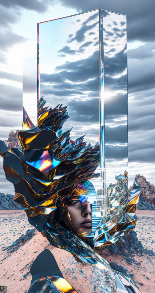 Surreal desert landscape with reflective monolith and metallic face profile