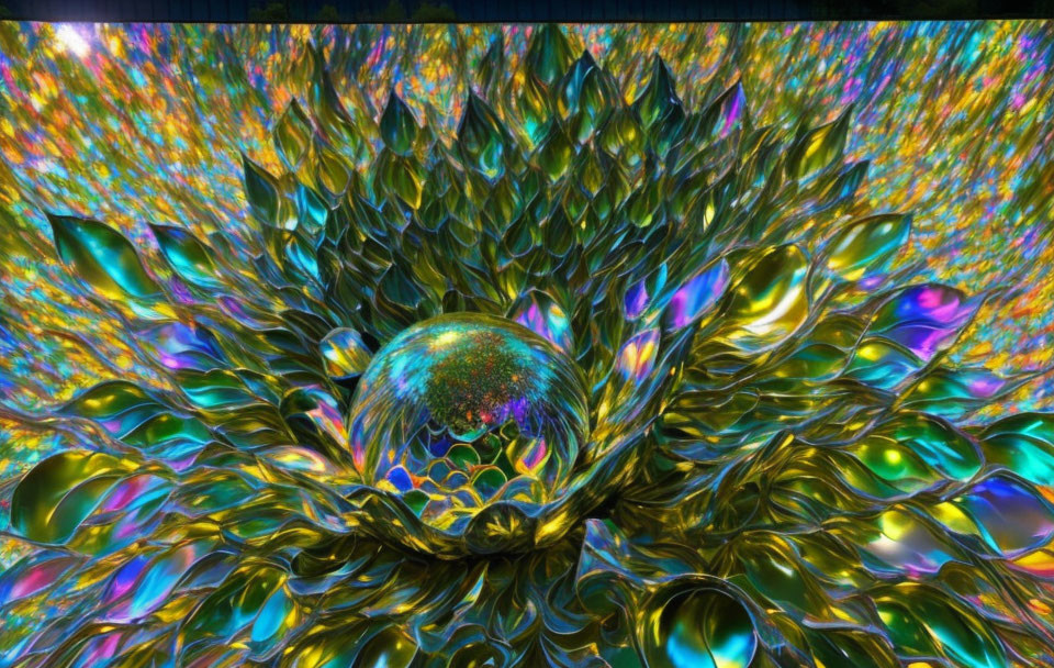 Colorful digital artwork: Spherical core with iridescent fractal petals