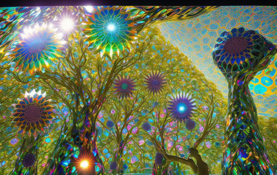 Vibrant psychedelic art of colorful trees under detailed sky