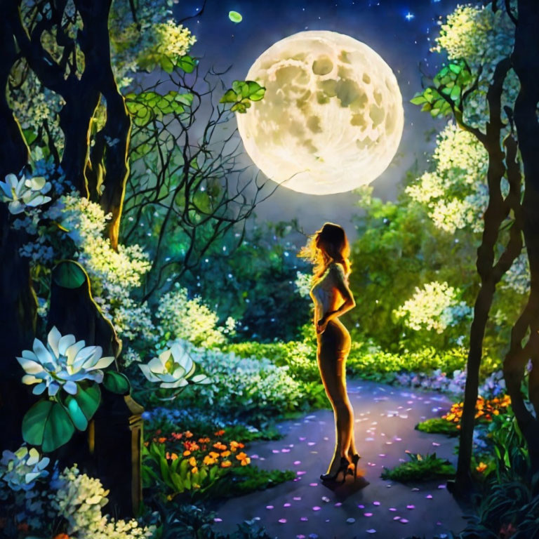 Woman standing on luminous path in night garden under full moon