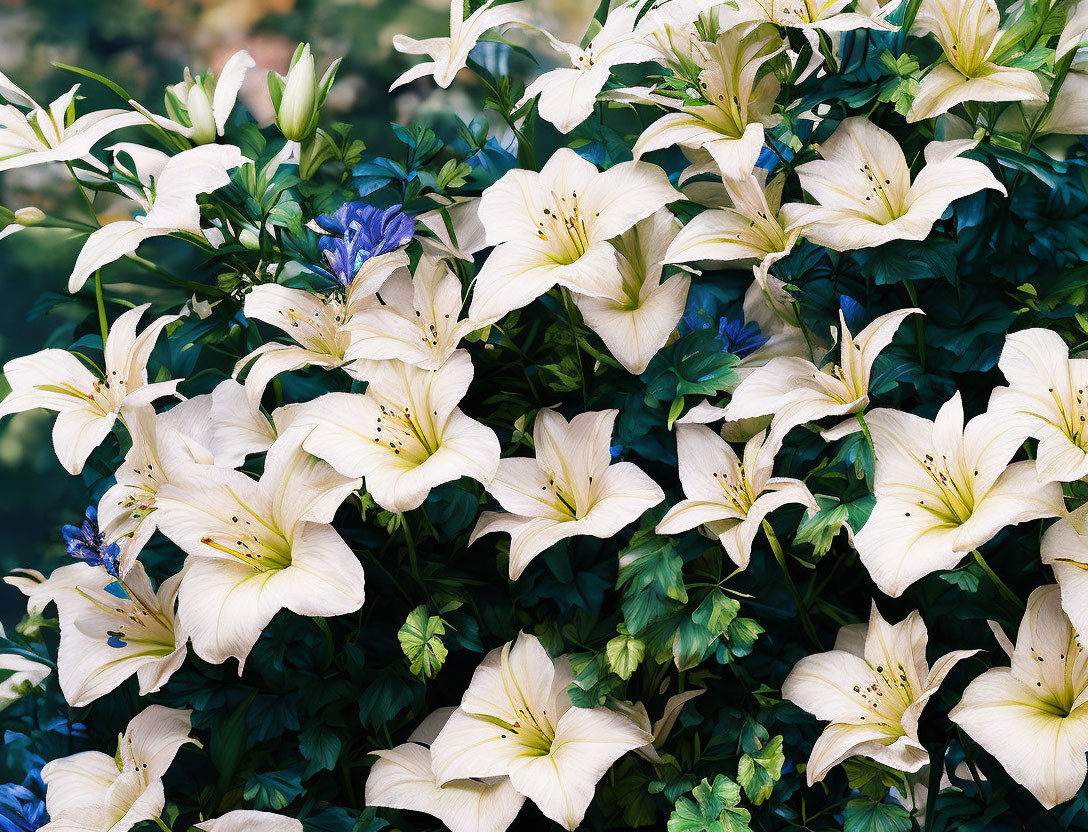 White lilies and blue flowers in lush green foliage display