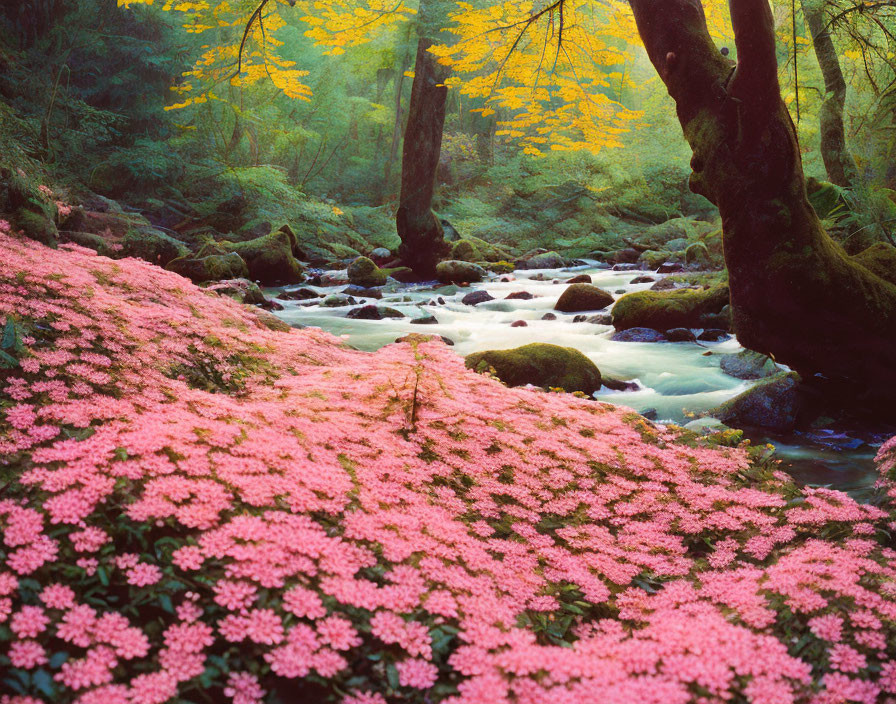 Tranquil stream in vibrant forest with pink blossoms and golden foliage