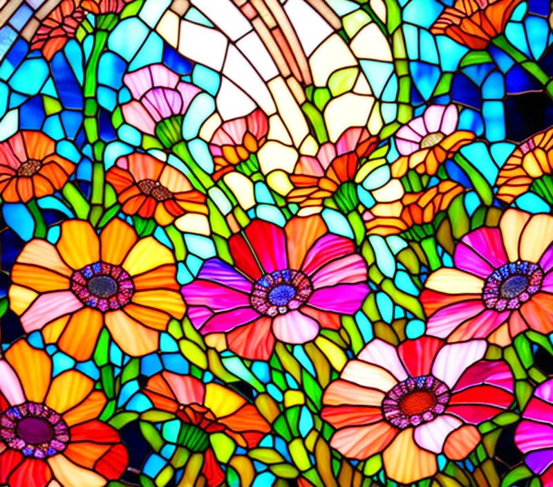 Colorful Flower Stained Glass Window with Blue Mosaic Background