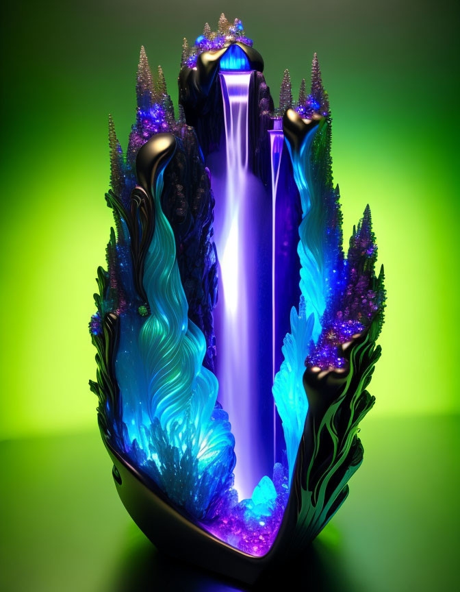 Vibrant blue and purple sculpture with fluid shapes on green background