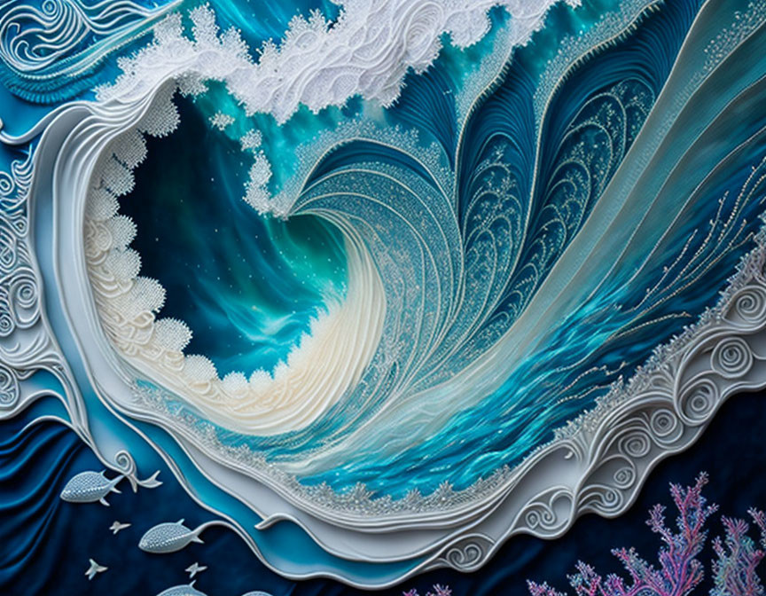 Detailed Stylized Ocean Wave Painting in Serene Blue Palette