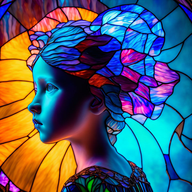 Vibrant portrait of girl with petal-like hair on stained glass background