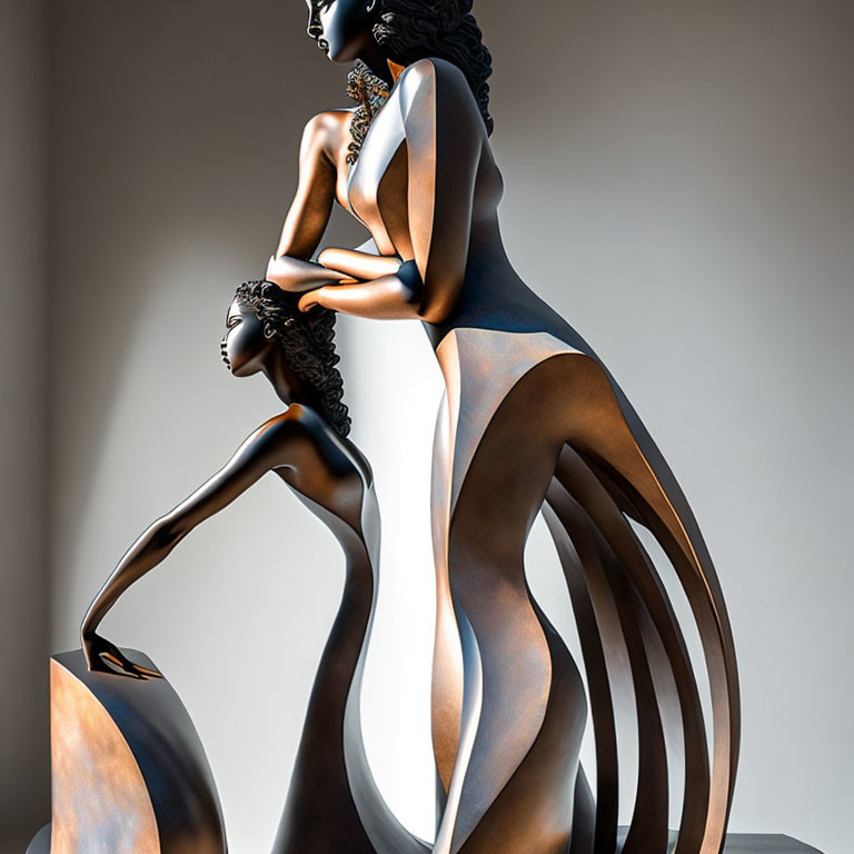 Stylized sculptures of female figures with flowing lines and contrasting dark and light elements