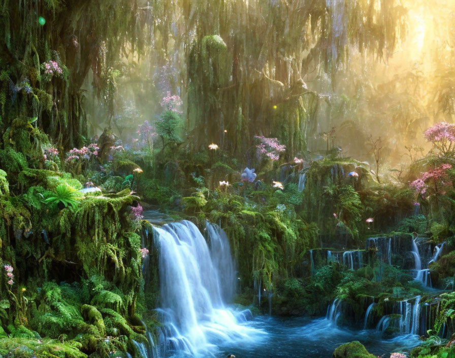 Ethereal forest scene: sunlight, green moss, waterfalls, purple flowers