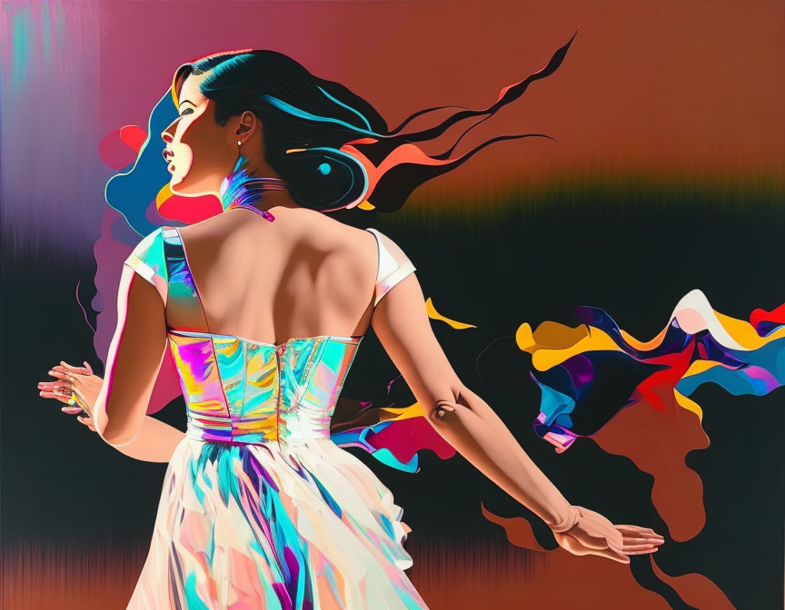 Colorful Woman Illustration with Flowing Hair and Abstract Shapes